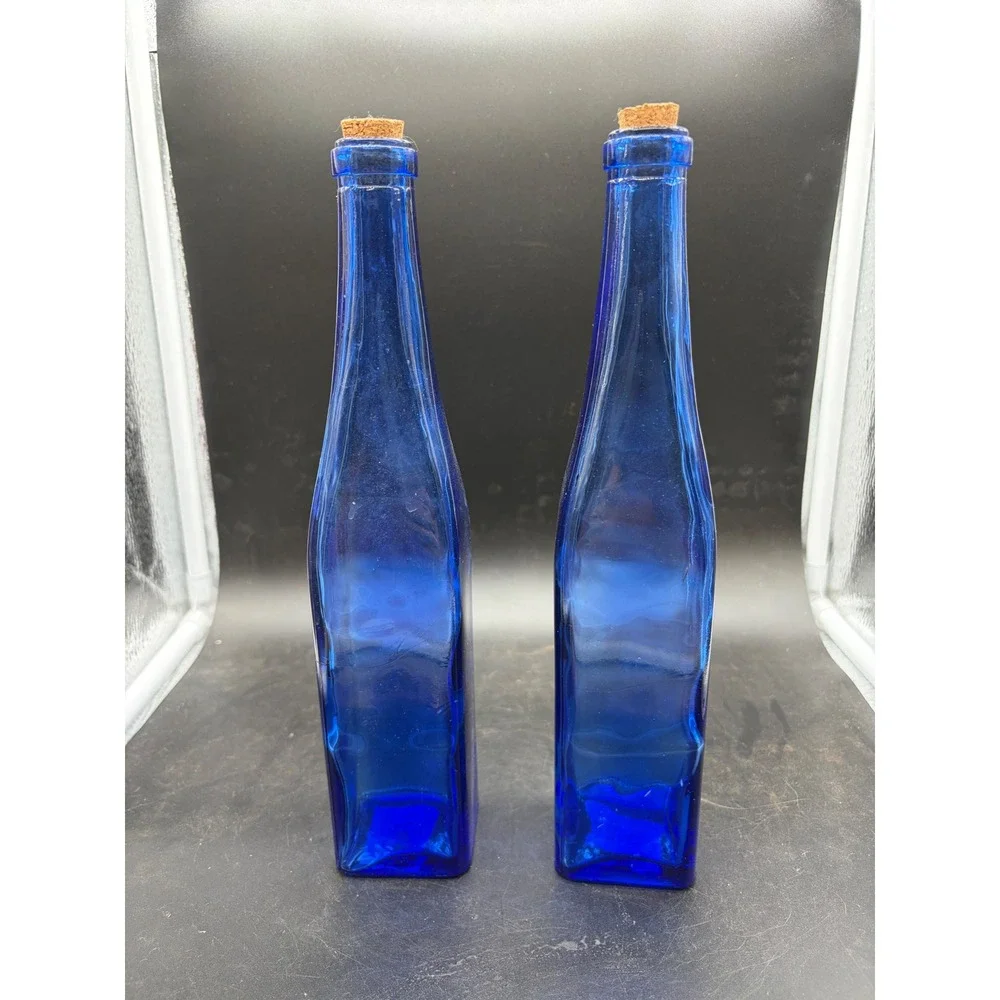 Vintage Cobalt Blue‎ Glass Bottles with Cork Stoppers Square Base Set of 2